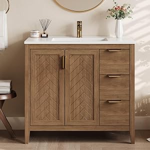 DELUXE LIVING 36 Inch Bathroom Vanity with Sink, Modern Brown Bathroom Sink Cabinet with 2