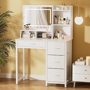 Kitsure Vanity Desk with Mirror and Lights - Large Capacity Makeup Vanity with 4 Fabric St