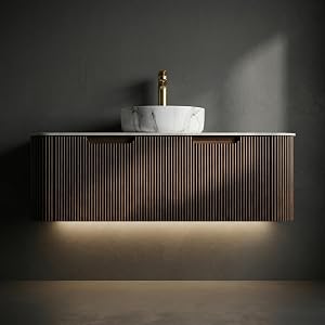 48" Floating Bathroom Vanity with Sink and Countertop Combo, Walnut Fluted Wall Mount