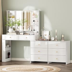 Ieejdn Makeup Vanity Desk with Mirror and Lights, Vanity Desk with 8 Drawers & Storage