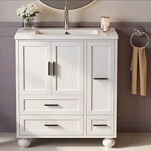 LIKIMIO 29.5" Bathroom Vanity with Sink, Hair Tool Drawer, 4 Solid Legs, 4 Drawers 2 