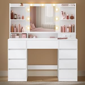 VASAGLE Kailyn Collection - Vanity Desk with Mirror and 9 LED Bulbs, Vanity Makeup Table w