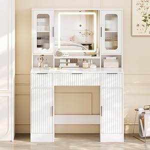 Fancihabor Vanity Desk with LED Lighted Mirror， 4 Storage Cabinets Drawers，Makeup Dressing