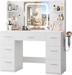 LIVELYGLOW 43" Large Makeup Vanity Desk with Smart LED Mirror and Charging Station, P
