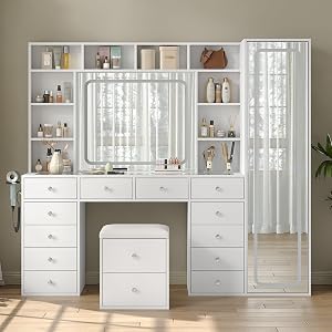 Yanosaku Vanity Desk Full Length Mirror & LED Mirror with Power Outlet, Makeup Vanity 