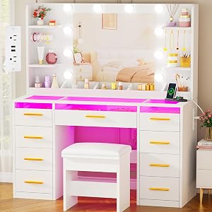 ANWBROAD Vanity Desk with Mirror and Lights 3 Colors Large Makeup Vanity Table Set Transpa