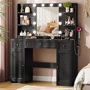 Memobarco Large Vanity Desk with Mirror and Lights, Makeup Vanity with Power Outlets, 3 Dr