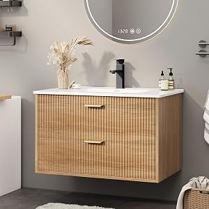 Vabches 24 Inch Bathroom Vanity with Sink, Wood Grain Wall Mounted Vanity with 2 Storage D