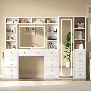 82.7" Makeup Vanity Desk with LED Mirror and Full-Length Mirror, Power Outlet & G