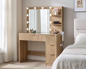 AMERLIFE 36.2" Fluted Vanity Desk with Mirror and Adjustable LED Lights, Large 4 Draw