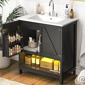 ELEVACHIC 30" Bathroom Vanity with Sink, Modern Bathroom Cabinet with LED Light, Bath