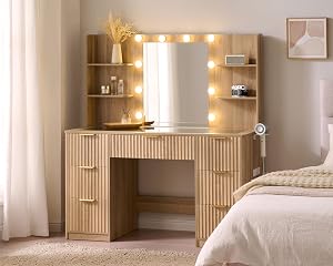 AMERLIFE 47.2" Fluted Vanity Desk with Mirror and Adjustable LED Lights, Large 7 Draw