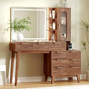 Glass Top Makeup Vanity with 3-Color LED Lighted Mirror & Power Strip, Large Vanity Ta