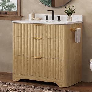 IRONCK 36 inch Bathroom Vanity with Ceramic Sink, Freestanding Wood Grain Sink Cabinet wit