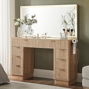 T4TREAM 48" Fluted Makeup Vanity Desk with Large Led Lighted Mirror, Modern Vanity Ta